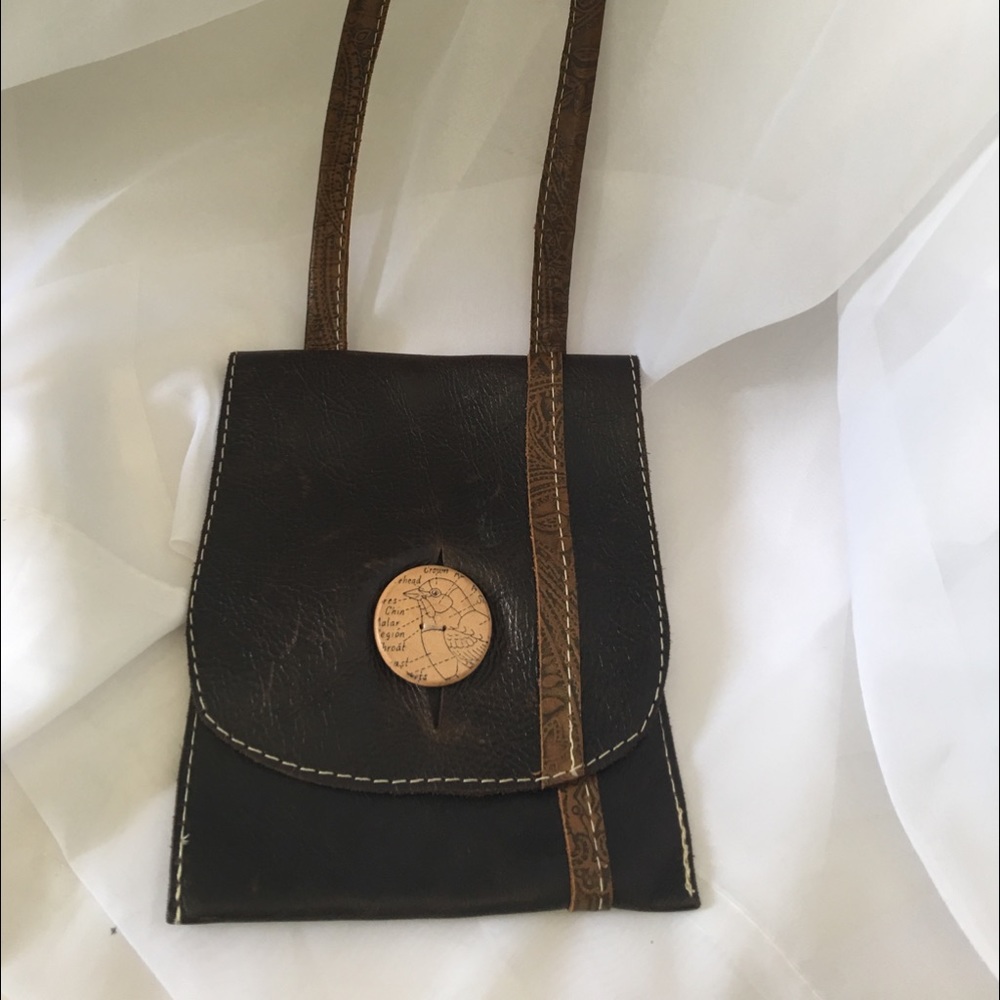 Leather artsy small handbag purse Wood bird button